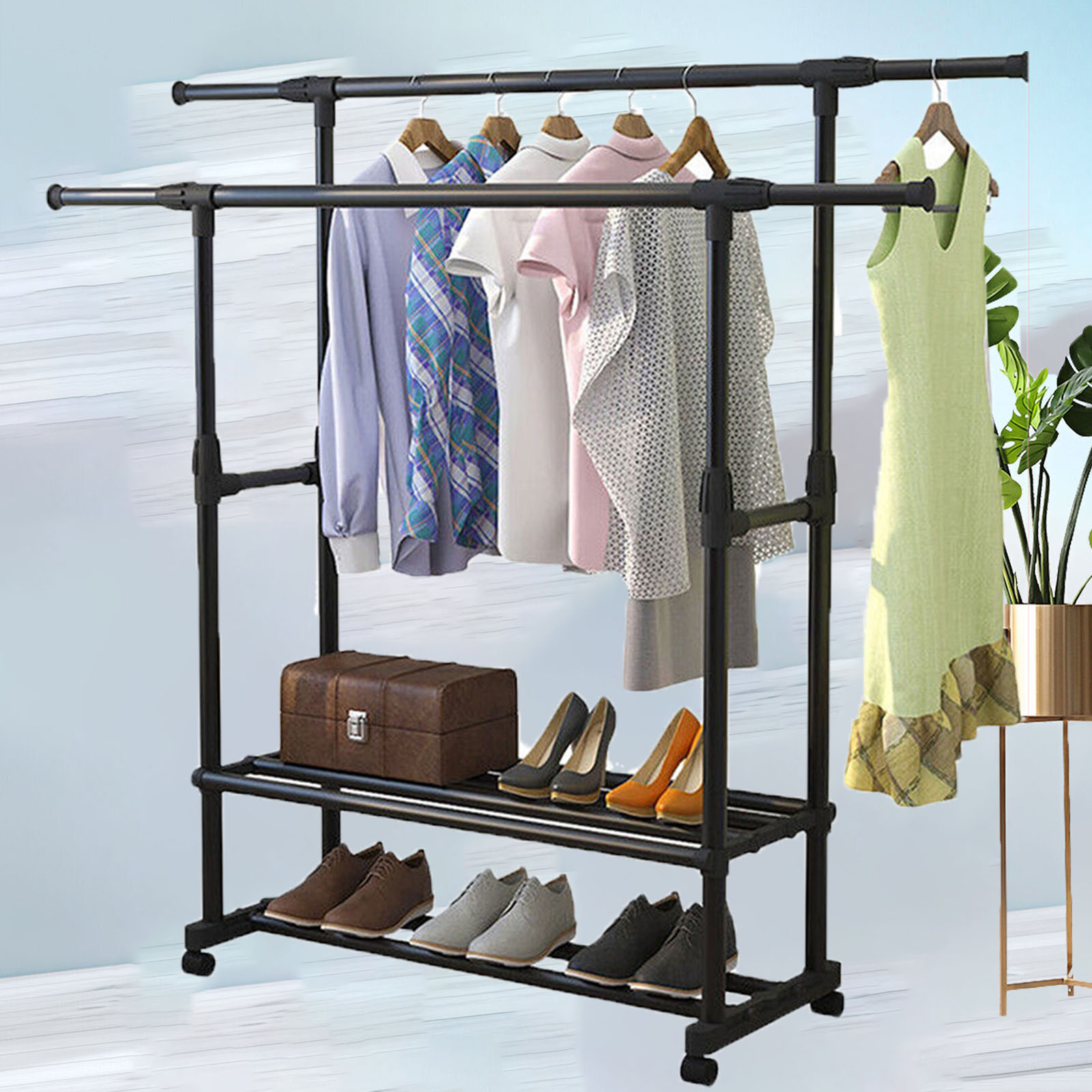 Simplify 31.5 Black 2 Tier Adjustable Height Rolling Garment Rack